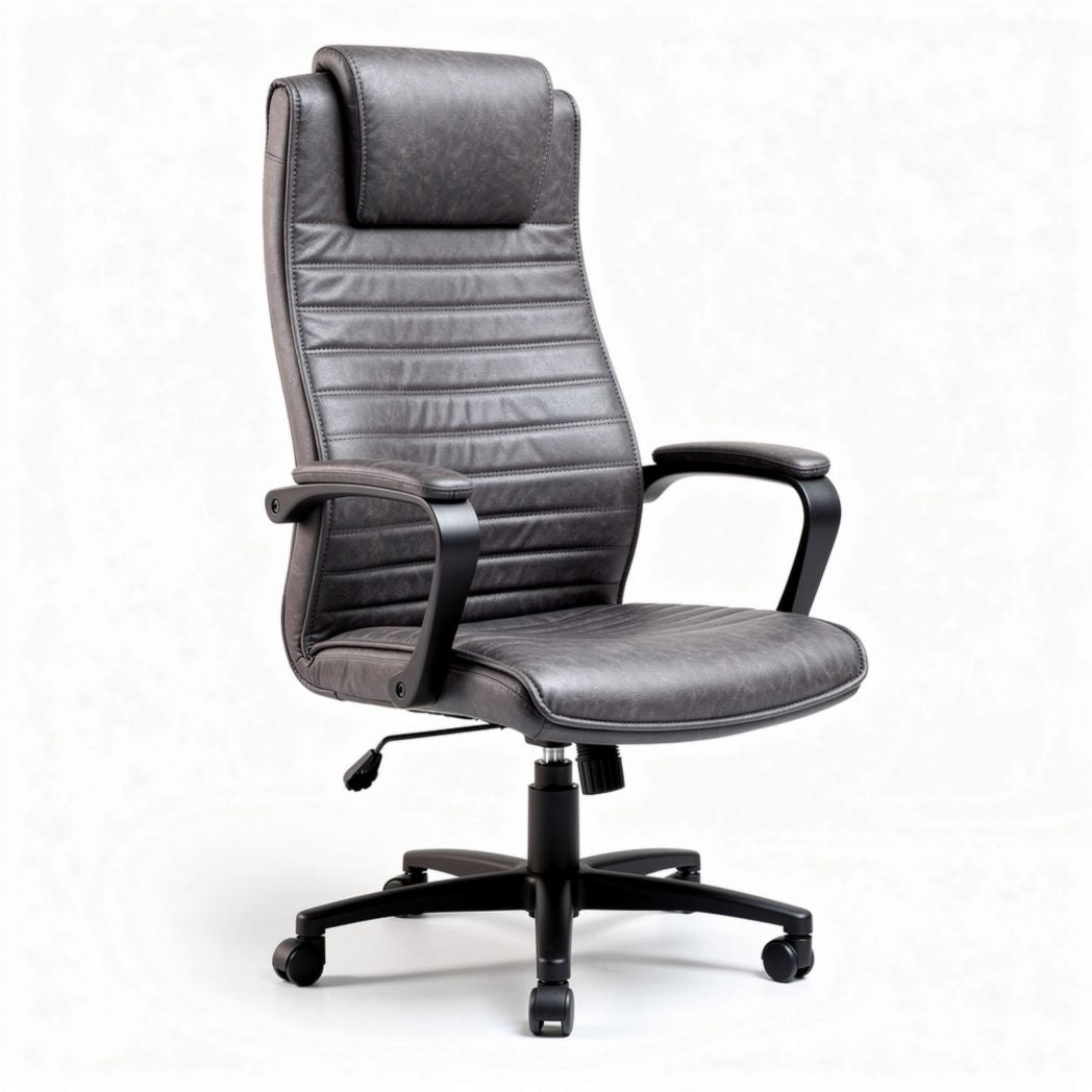 Black leather executive office chair with adjustable height and swivel base
