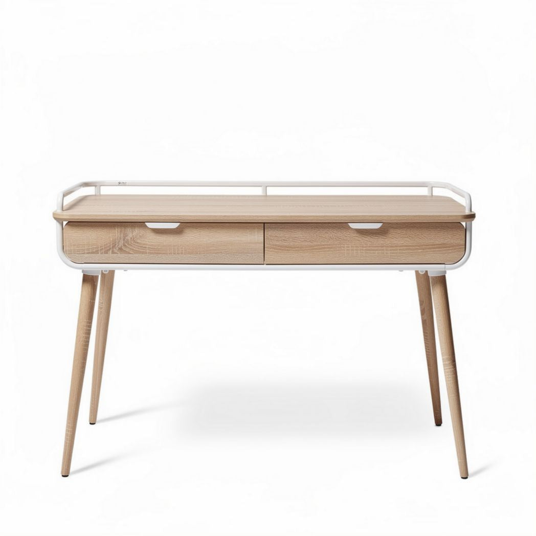 Ash wood writing desk with metal frame and two drawers 100 x 50 x 75cm