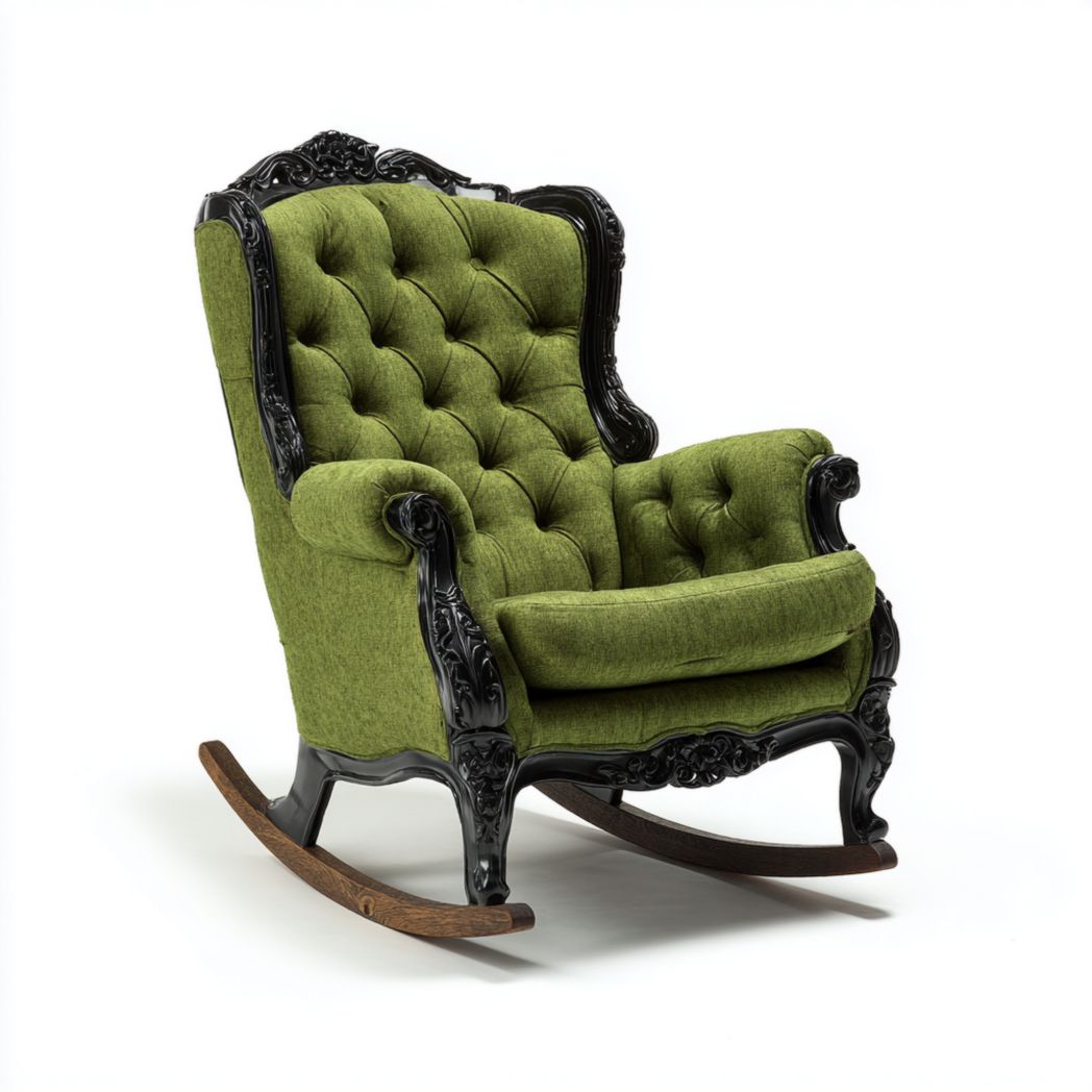 Traditional rocking chair with upholstered fabric and wooden frame in beige color