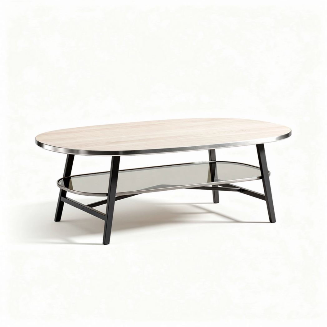 Oval coffee table with tempered glass shelf and metal frame 120 x 60 x 45cm