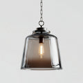 Glass pendant light fixture with amber ribbed shade and brass accents 20 x 20 x 40cm
