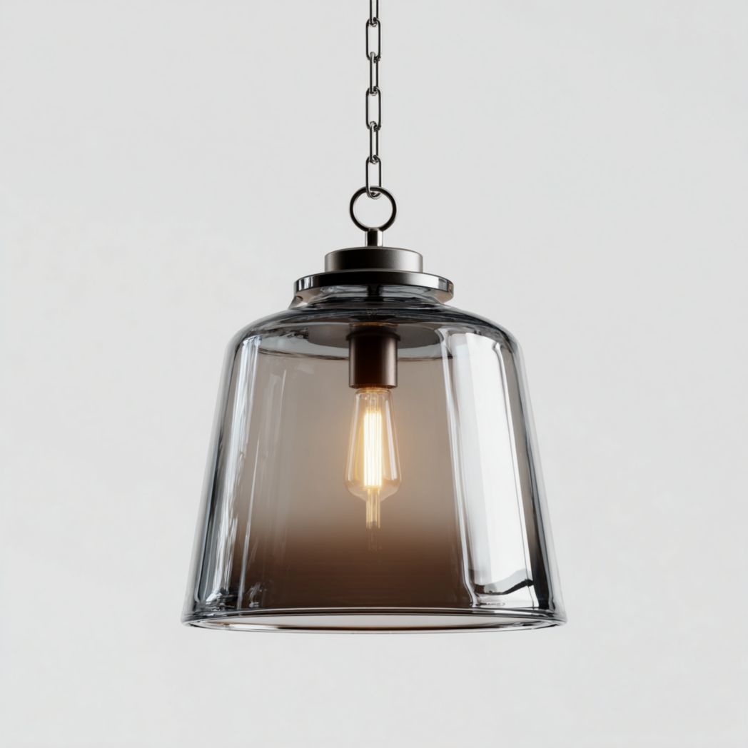 Glass pendant light fixture with amber ribbed shade and brass accents 20 x 20 x 40cm