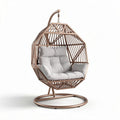 Hanging geometric patio chair with steel frame and cushion in gray