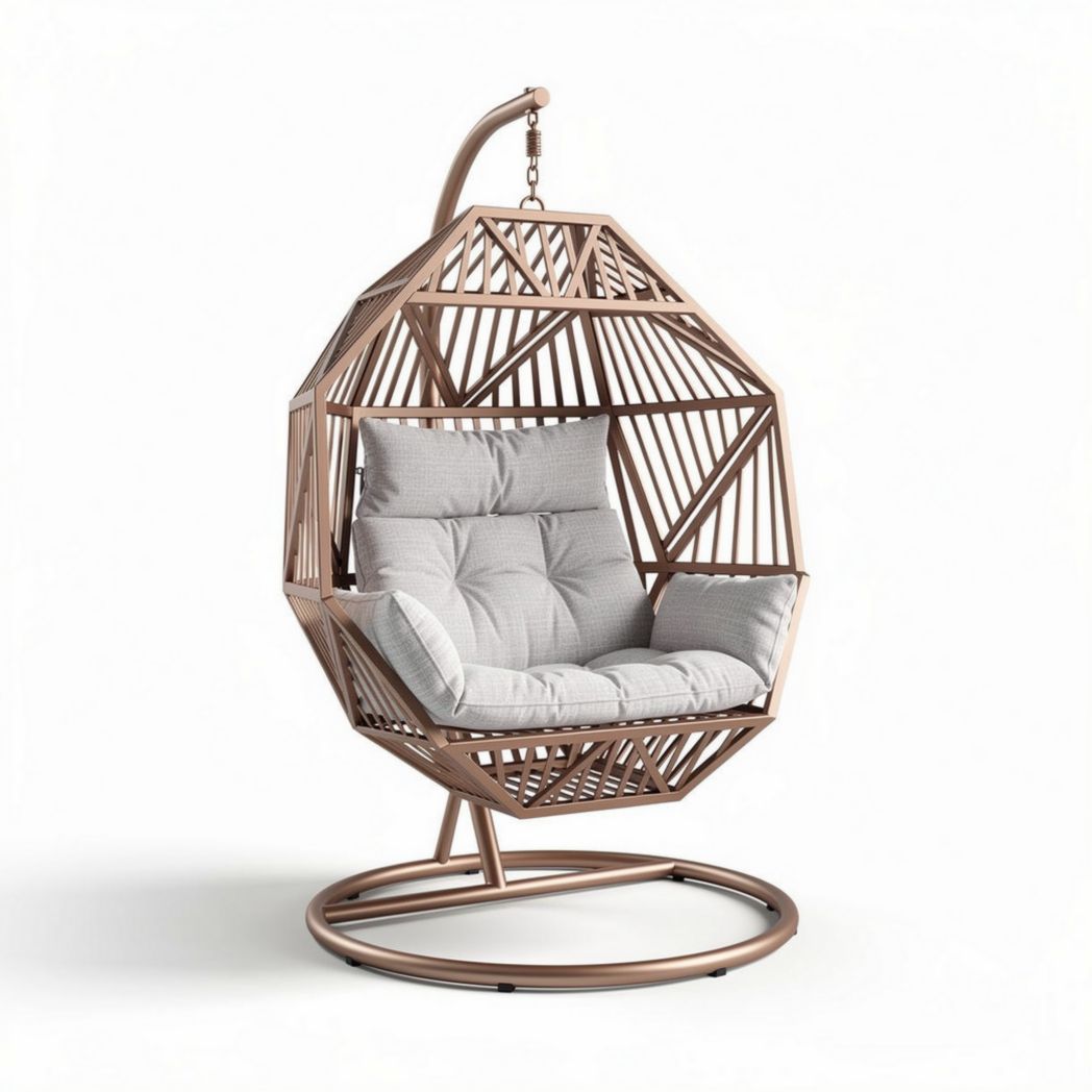 Hanging geometric patio chair with steel frame and cushion in gray