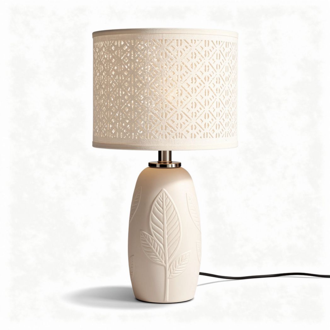 Leaf patterned table lamp with cream shade and ceramic base 30 x 30 x 50cm
