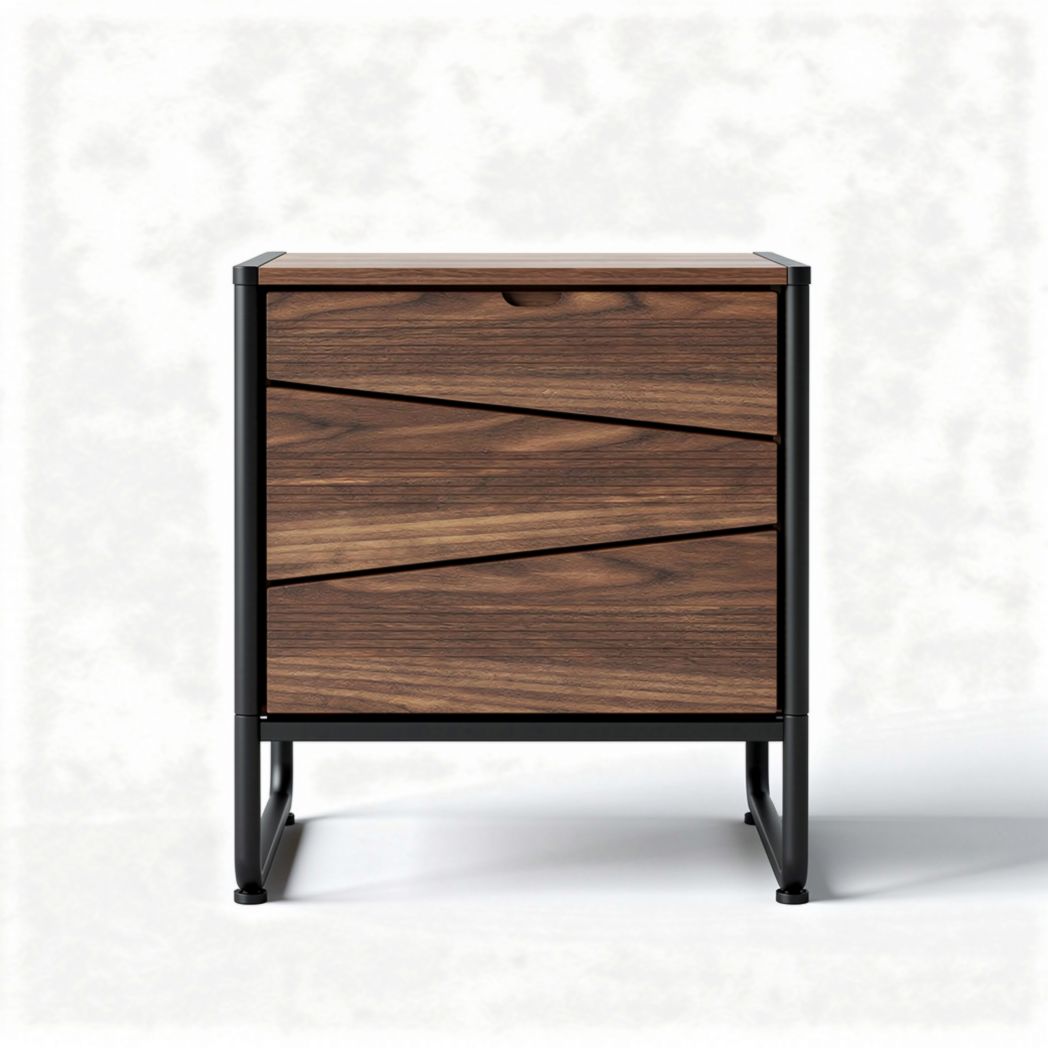 Modern wooden bedside table with three storage drawers and metal frame 60 x 40 x 80cm