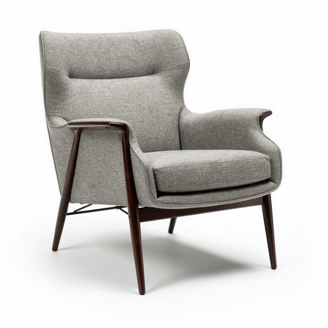 Mid-century modern accent chair in light gray fabric with wooden legs 80 x 80 x 100cm