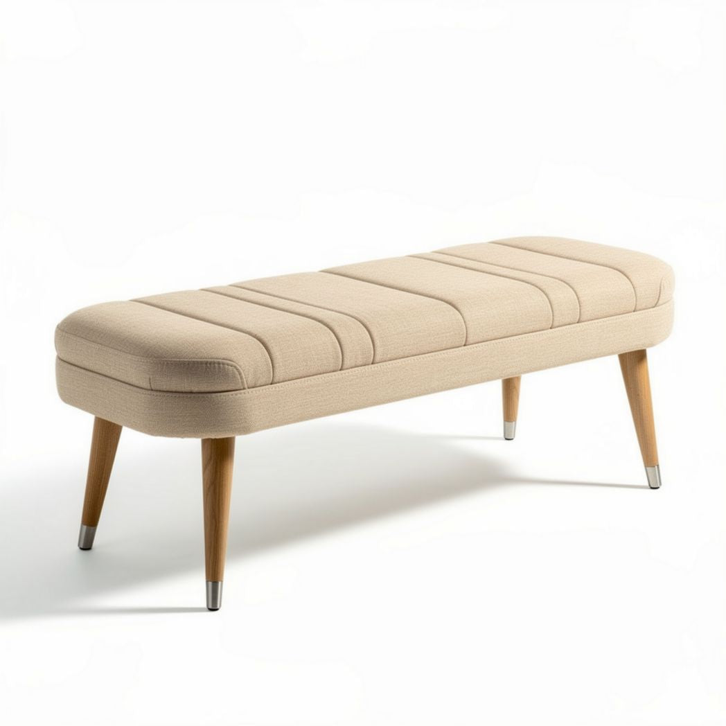 Linen upholstered bench with wooden legs and tufted design 120 x 40 x 45cm
