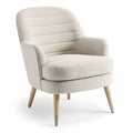 Contemporary upholstered accent chair in soft cream fabric with wooden legs