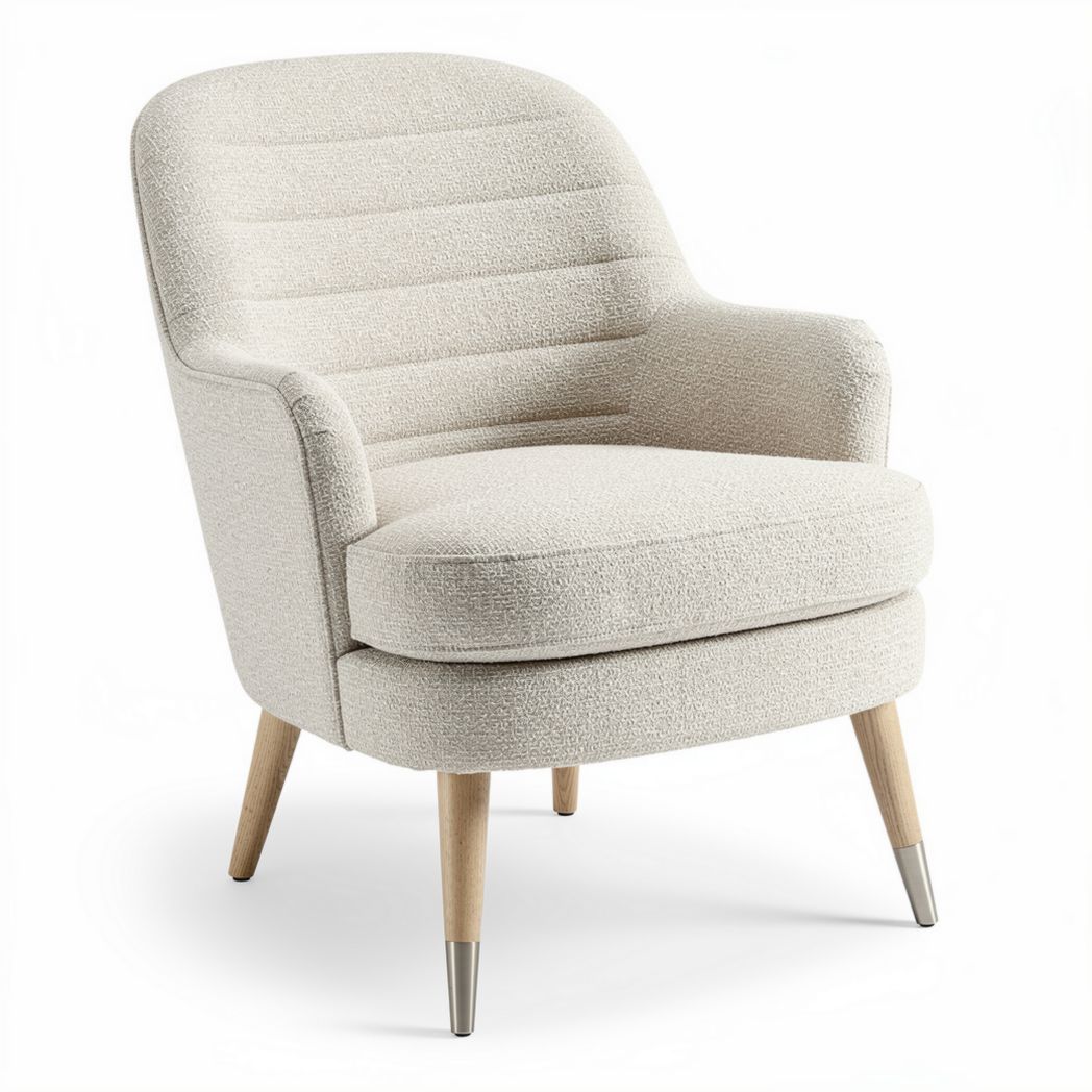 Contemporary upholstered accent chair in soft cream fabric with wooden legs